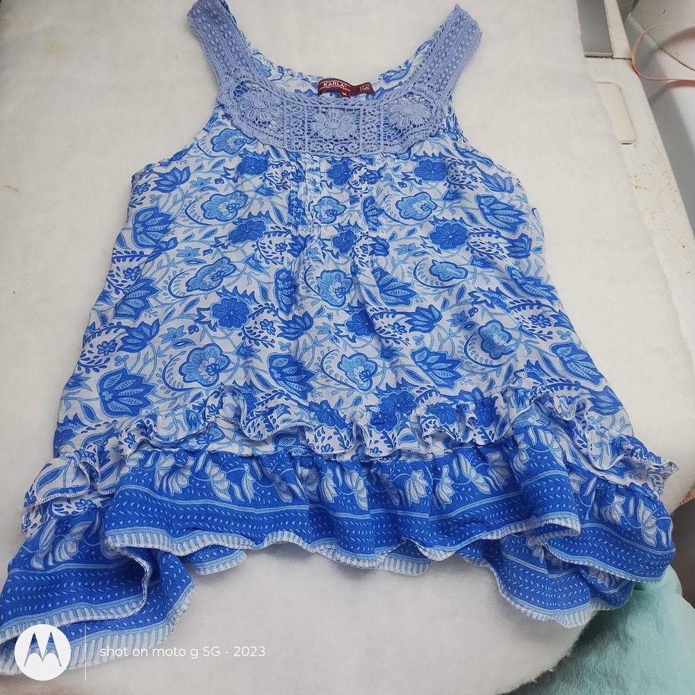 Karla Top, Sleeveless, Cool, Summery Flowing, Floral Print Bodice Is Crochet.